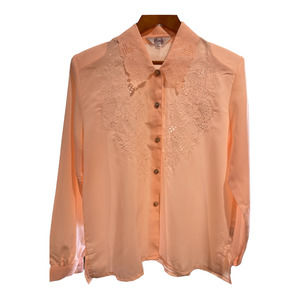 Vintage Button Up Blouse by Bondy w/ Embroidered Collar Size 15 Peach Color